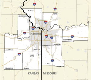 Map of Missouri and Kansas counties.